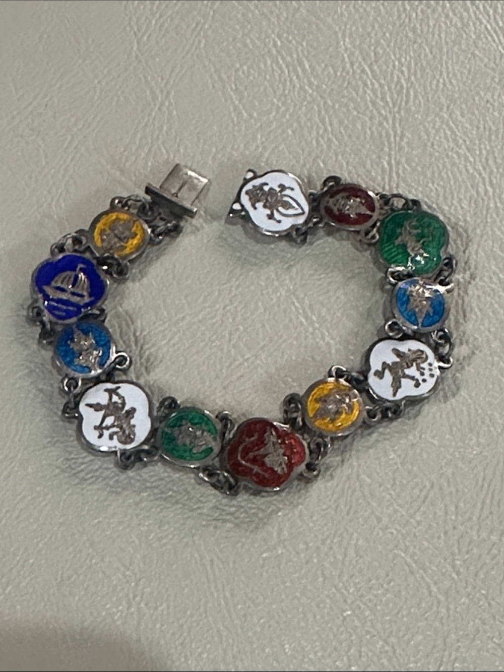Sterling Siam Vintage Enamel 7” Bracelet with Mythic Motifs